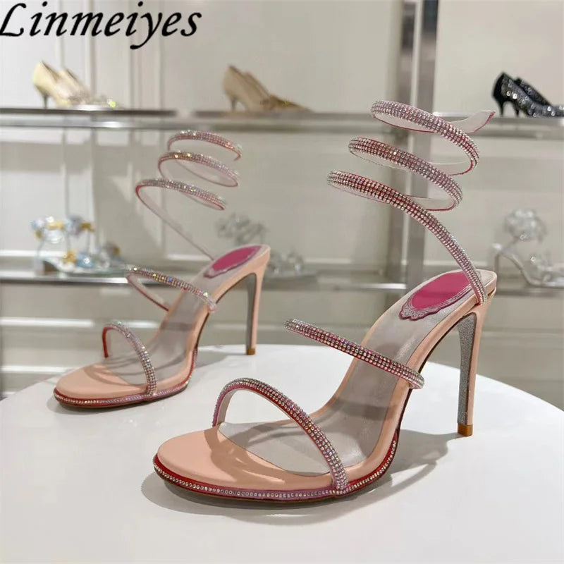 Summer Crystal Gladiator Sandals Women Rhinestone Twine Around Ankle Snake Wedding Shoes High Heels Sandals Woman