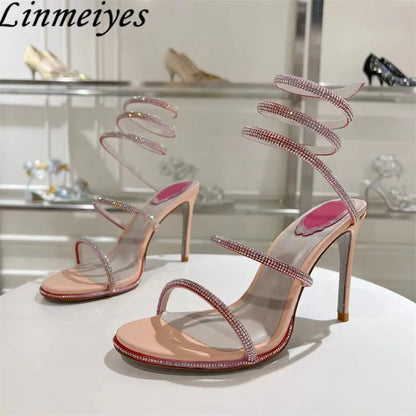 Summer Crystal Gladiator Sandals Women Rhinestone Twine Around Ankle Snake Wedding Shoes High Heels Sandals Woman