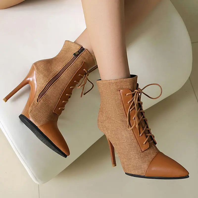 ANOVISHANA Elegant Fmeale Ankle Boots Pointed Toe 11cm Thin High Heels Zipper Lace Up Mixed Color Large Size 40 41 Short Autumn