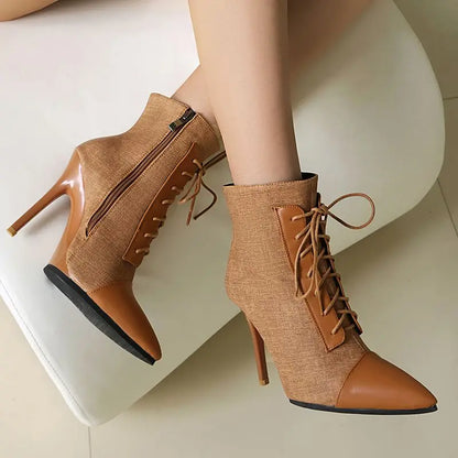 ANOVISHANA Elegant Fmeale Ankle Boots Pointed Toe 11cm Thin High Heels Zipper Lace Up Mixed Color Large Size 40 41 Short Autumn
