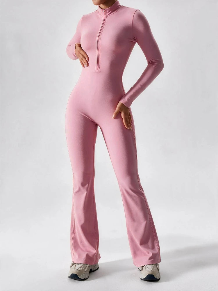 Elegant Zip-up Long Sleeve Sports Overalls for Women Autumn Winter Fleece Jumpsuits Ladies Yoga Fitness One Piece Tracksuit