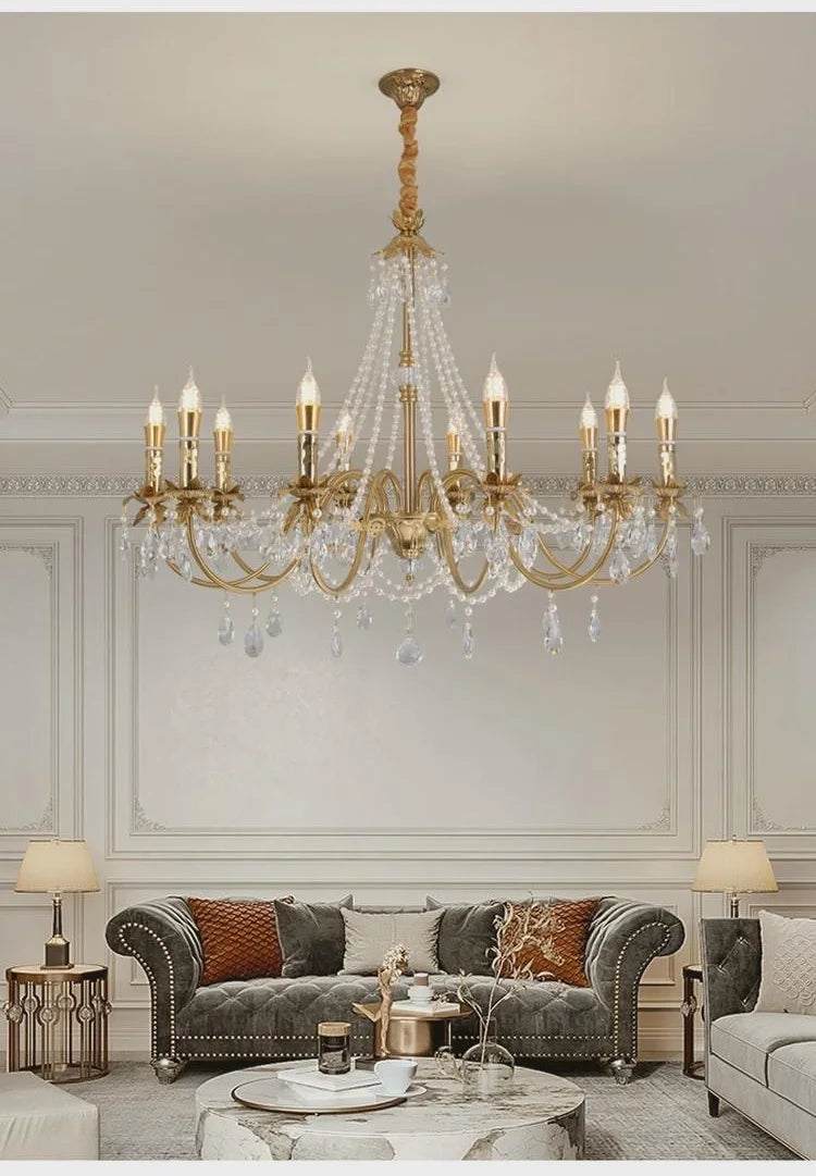 American Luxury Candle E14 Chandelier Living Room Lustre Crystal Hanging Lamp Copper Suspend Lamp Led Luminarias Decor Lamparas