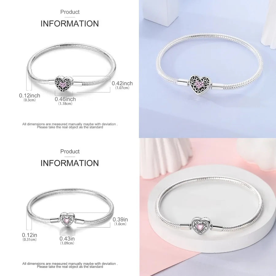 Silver 925 Bracelet Original Bracelets Colorful Zircon Heart Flower Cat Snake Chain For DIY Charms 17-20CM Luxury Jewelry Gifts