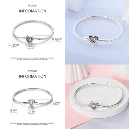 Silver 925 Bracelet Original Bracelets Colorful Zircon Heart Flower Cat Snake Chain For DIY Charms 17-20CM Luxury Jewelry Gifts