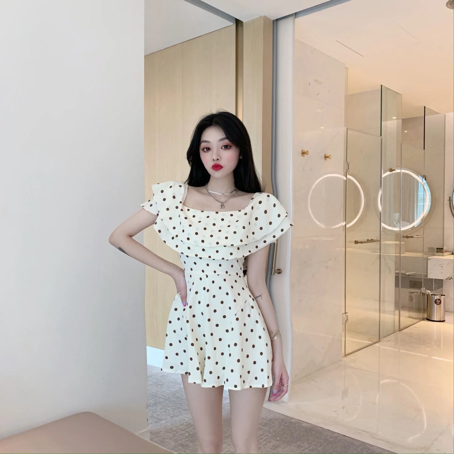 2025 Summer New Women Korean Off-shoulder Short Jumpsuit Female Chiffon Polka-dot Playsuits Ladies Short Sleeve Thin Rompers P73