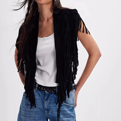 Women Tassel Vest Y2K Sleeveless Fringe Wide Eyes Suede Collar Shawl Open Front Boho Western Jacket Cardigan