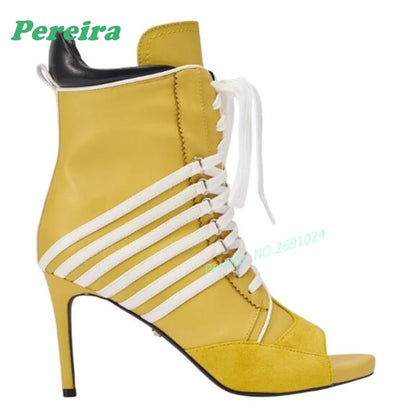 Yellow Peep Toe Lace Up Ankle Boots White Contrast Strap Side Zipper Stiletto High Heel Booties for Women Patchwork Shoes Sexy