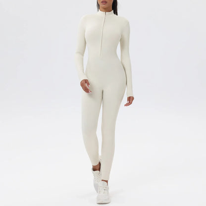 European and American popular zippered long-sleeved trouser jumpsuit slim fit hip-lifting sportswear yoga wear