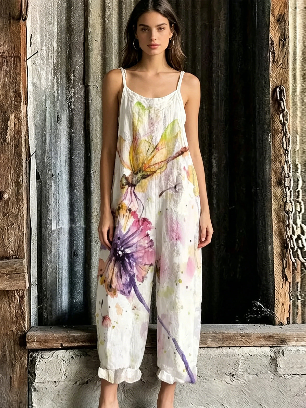Summer Bohemian Floral White Daisy Print Baggy Jumpsuits Ladies Soft Cotton Linen Tie Strap Wide Leg Overalls Casual Daily Wear