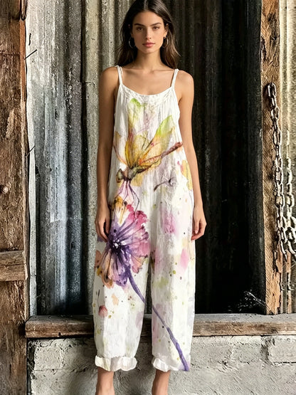 Summer Bohemian Floral White Daisy Print Baggy Jumpsuits Ladies Soft Cotton Linen Tie Strap Wide Leg Overalls Casual Daily Wear