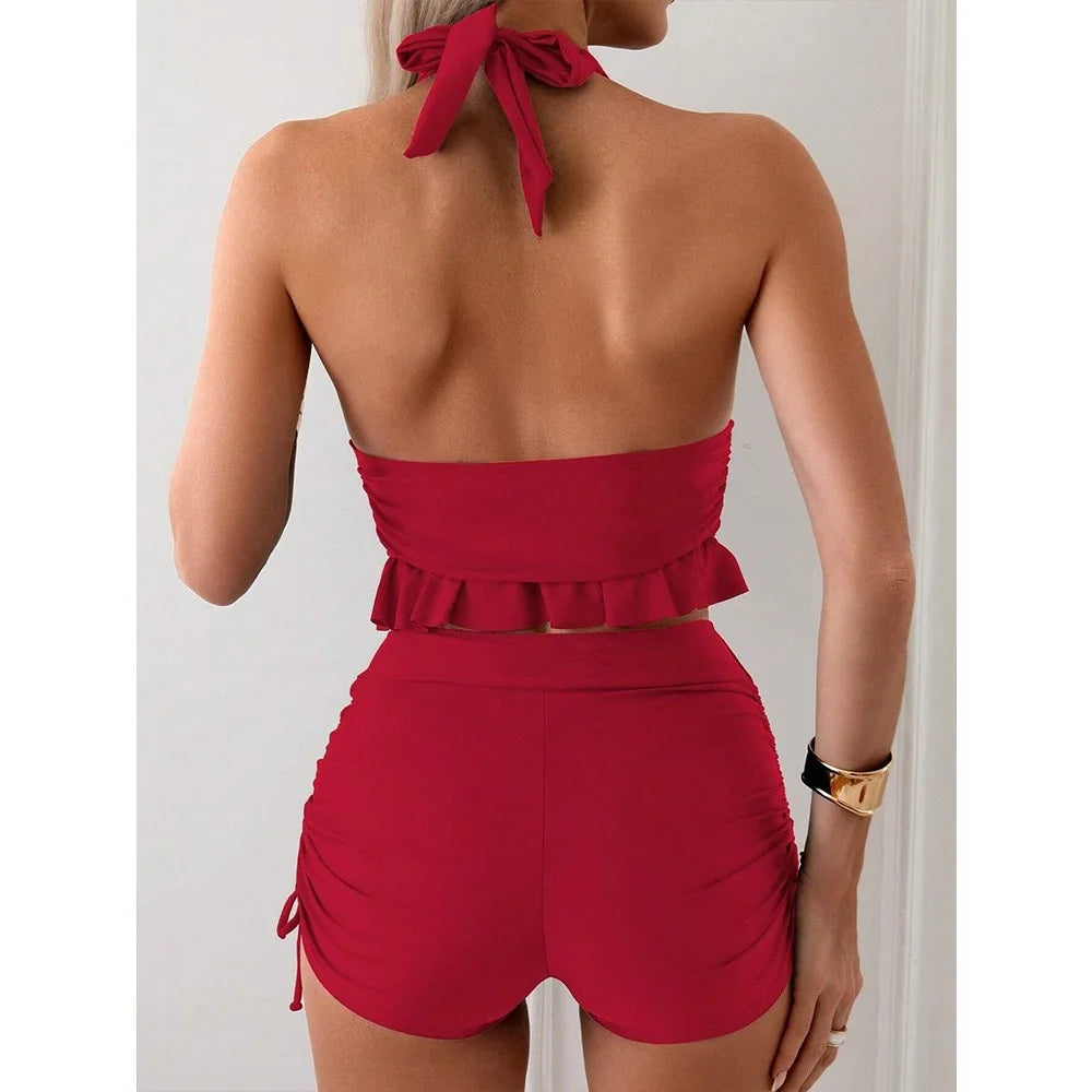 Two Piece Halter Tankini Women Deep V Neck Ruffle Hem Top Drawstring Side Shorts Swimwear