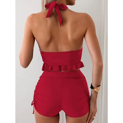 Two Piece Halter Tankini Women Deep V Neck Ruffle Hem Top Drawstring Side Shorts Swimwear