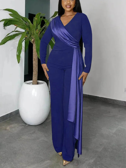 Jumpsuits for Women Dressy Ribbon Long Sleeve V Neck Wide Leg One Piece Overalls Elegant Party Club Wedding Guest Outfits