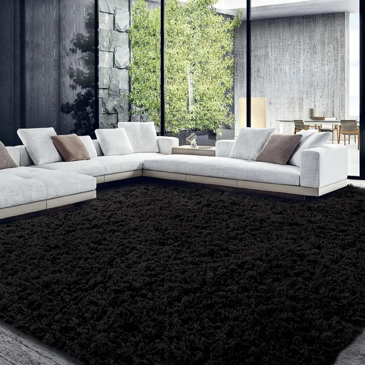 Fluffy Large Carpet for Living Room Black Non-Slip Machine Washable Plush Area Rugs for Bedroom Soft Thick Floor Mats