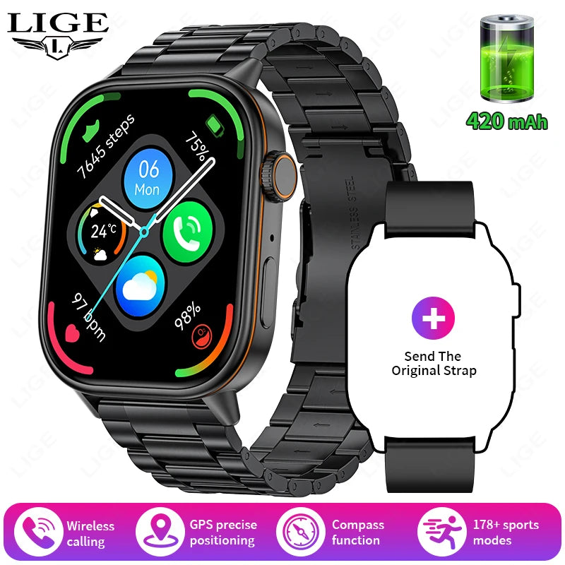 LIGE 2026 For Android IOS GPS Smart Watch Women 2.01" HD Screen Heart Rate Bluetooth Call Compass IP68 Waterproof Men Smartwatch