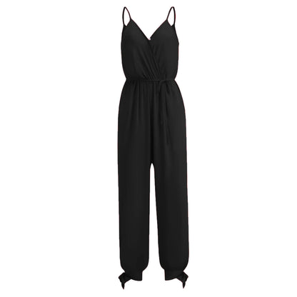 Spring and Summer Women's New Camisole Jumpsuit Cross-Border Printed Sexy Backless Lace Up V-Neck