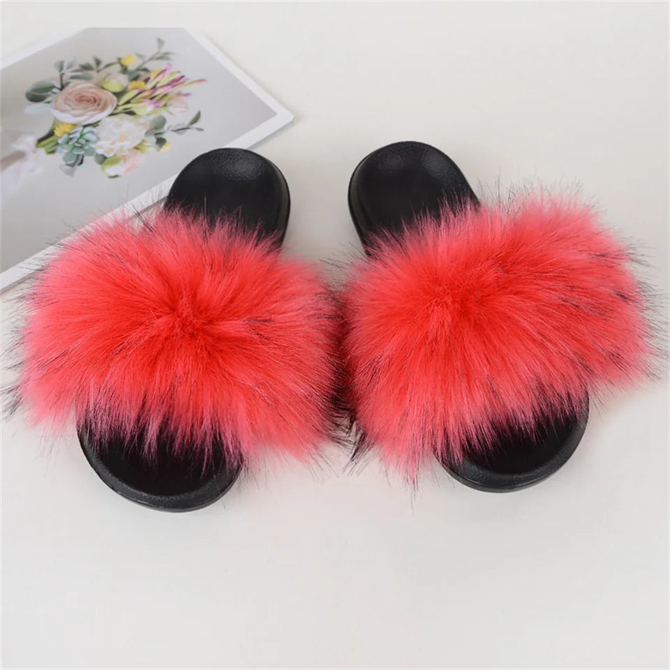 Women's Summer Faux Fur Fox Fur Slippers Fashion Luxury Indoor and Outdoor Non-Slip Solid Color Flat Bottom Furry Sandals