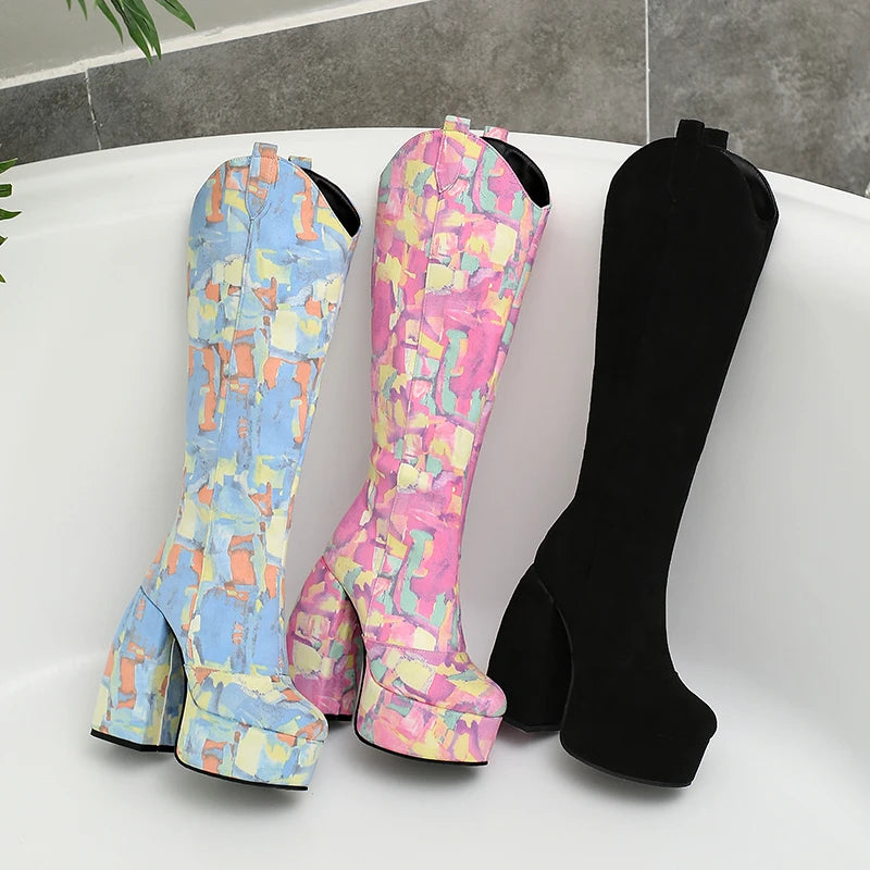 Super Waterproof Platform Strange Chunky Heel Graffiti Women's Boots Plush Inner Zipper Flock Material Knee Boots Plus Size