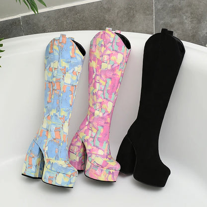 Super Waterproof Platform Strange Chunky Heel Graffiti Women's Boots Plush Inner Zipper Flock Material Knee Boots Plus Size