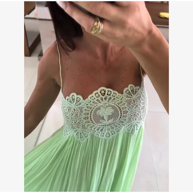 Light Blue Halter Neck Pleated Mini Dress Lady Sleeveless High Waist Hollow Lace Short Vestidos Summer Women's Vacation Outfit