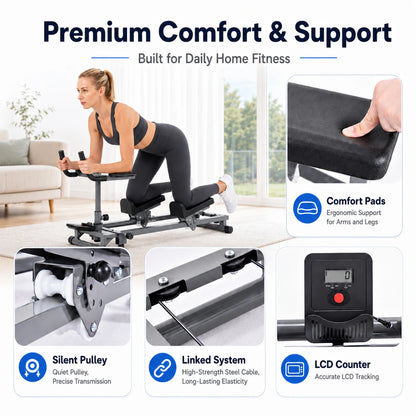 Back Stretcher and Crawling Trainer, Adjustable Height and Length with Step Counter, for Core Strengthening and Cardio Workout, Sturdy Home Gym Equipment for Office Studio Use, Anti-Slip Padded Handrails for Safe Exercise