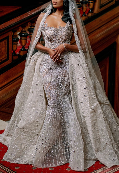 Luxury Mermaid Lace Crystal Women's Wedding Dress Sexy Dew Strap Detachable Train Bridal Dress Vestido De Noiva Customized