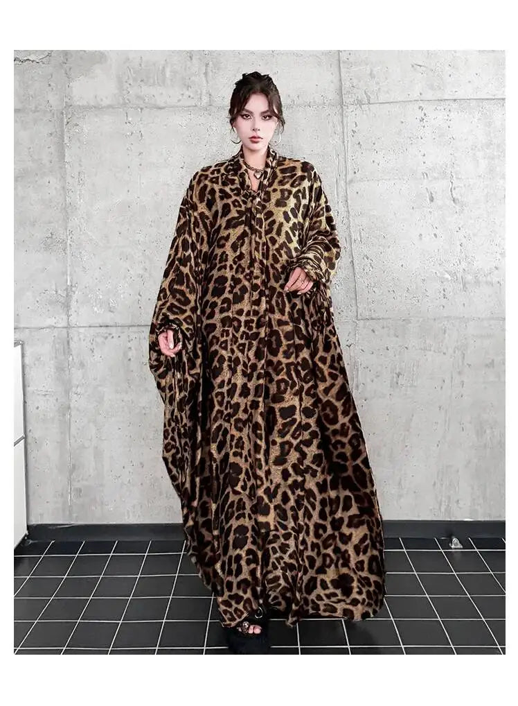 Leopard Print Loose Bat-sleeve Dress Women Summer Stand-up Collar Tie-waist Oversize Slimming Casual Long Dress XY420