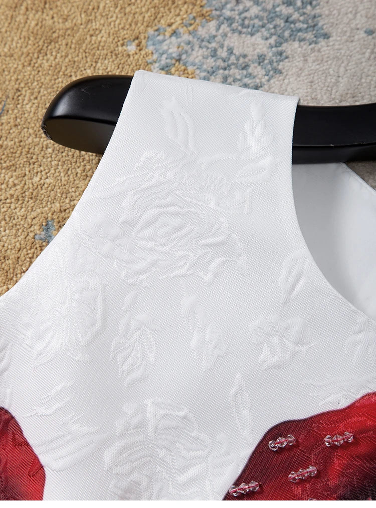 Women White Floral Printed Beaded Dress Sleeveless Round Neck a Line Elegant Summer Party Luxury Jacquard Shift Dress Chic Look