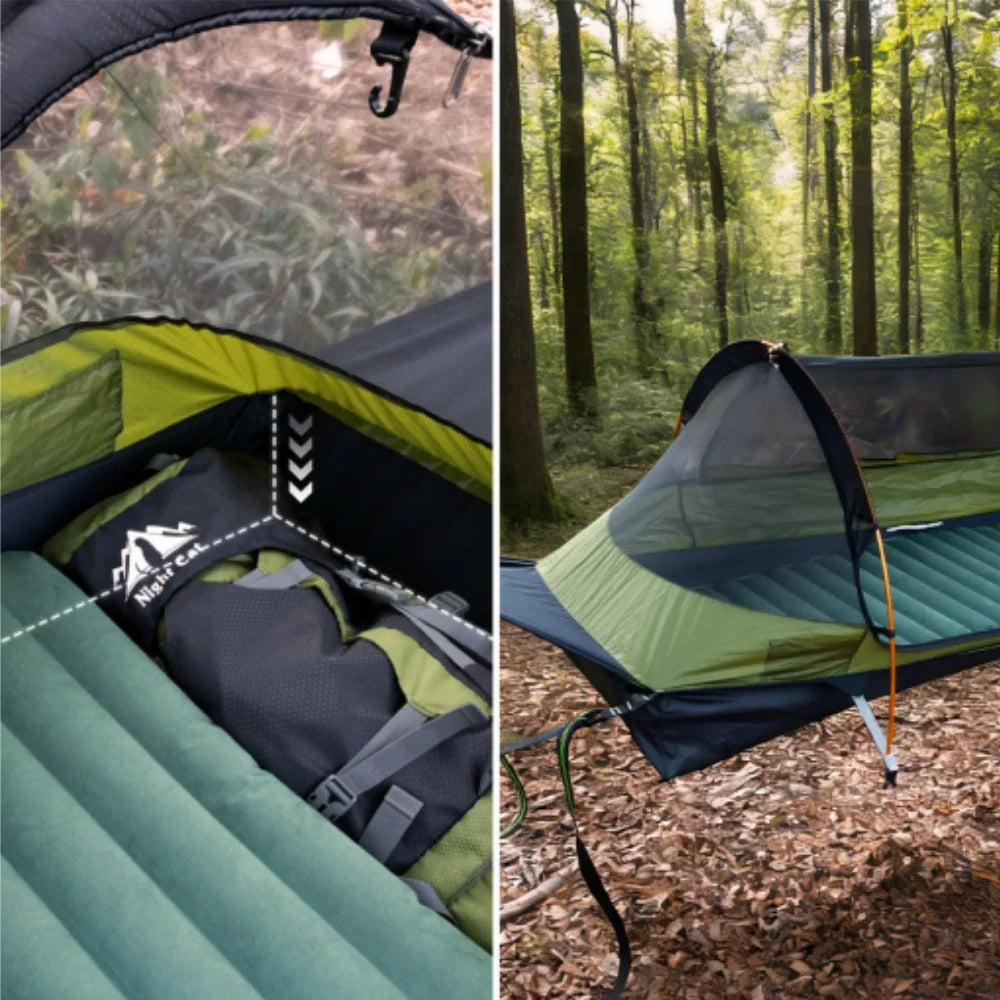 Night Cat Flat Lay Hammock Tent with Mosquito Net Sleeping Air Pad and Waterproof Rainfly for 1 Person Backpacking Hiking Camping Lightweight 330LBS 87x28x19in