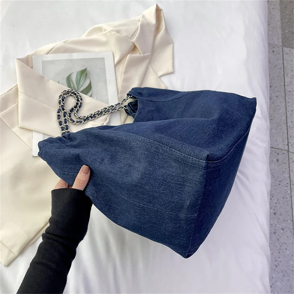 Chic Style Big Chain Shoulder Tote Bags For Women 2023 Luxury Designer Handbags Denim Fabric Pure Color Large Capacity Shoppers