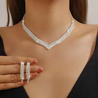 Ladies' Fashionable Silver-Plated And Diamond-Encrusted Metal Necklace, Earrings Set, Bride'S Wedding Attire And Accessories