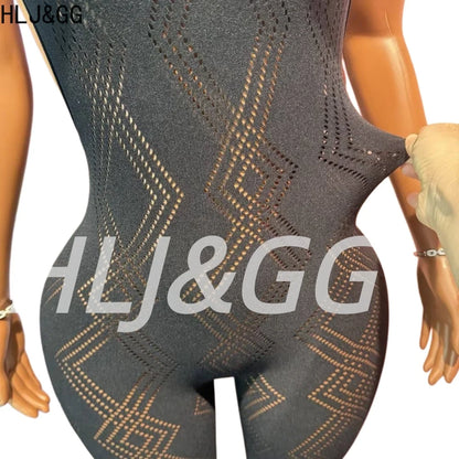 HLJ&GG Sexy Knitting Hollow Stretchy One Piece Jumpsuits Women Sleeveless Backless Slim Playsuits Female See Though Club Overall