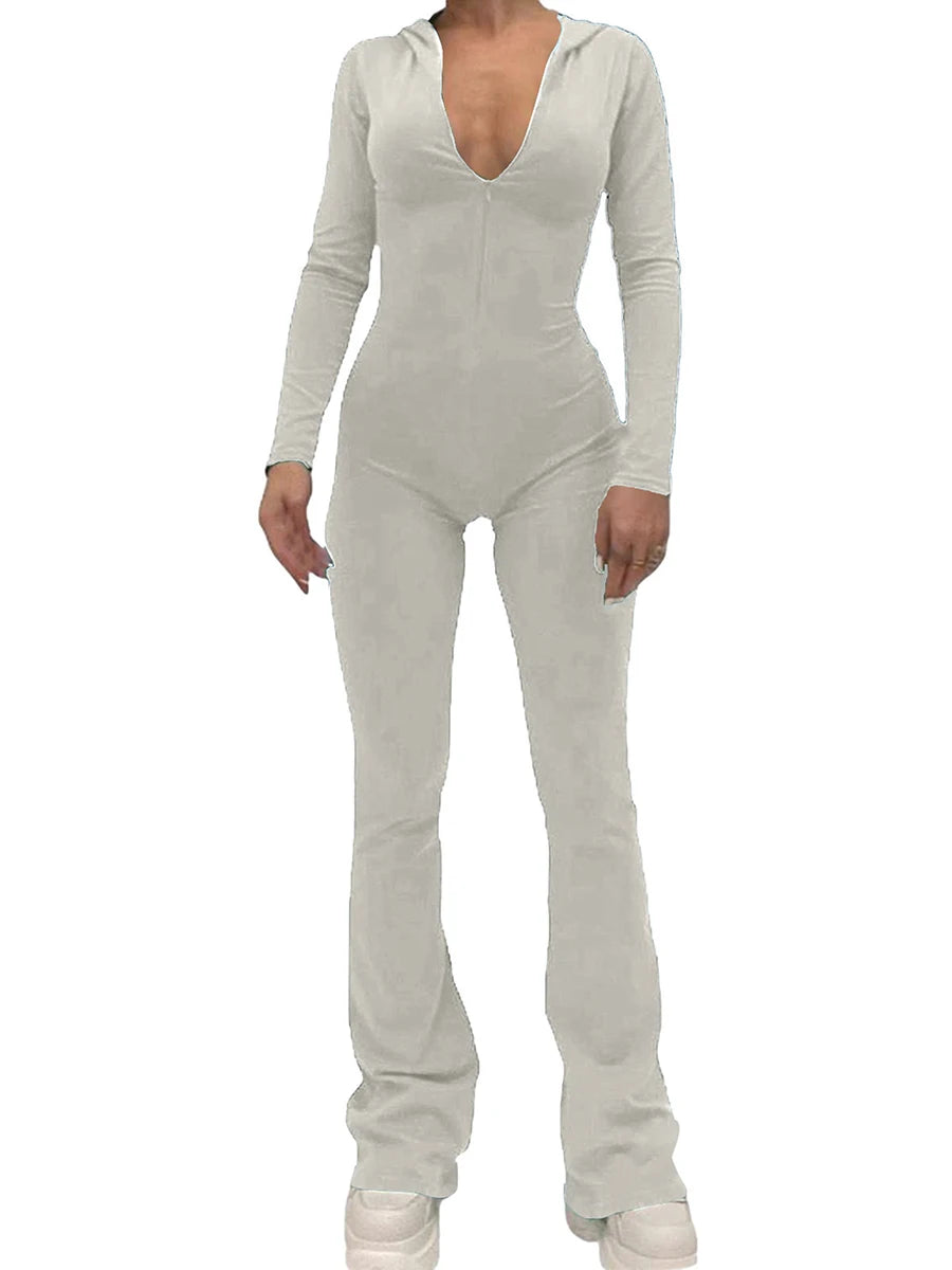 Women's Zip Up Hooded Jumpsuit New Streetwear Flare Rompers Solid Color Skinny Long Sleeve Jumpsuits Luxury Clothes Women Hot