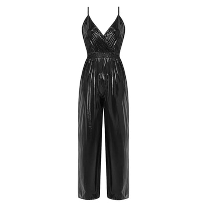 Womens Glossy Waterproof Jumpsuit Wrap V Neck Backless Elastic Waist Straight Wide Leg Pants Leotard Rompers for Clubwear Party