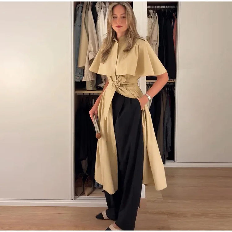 Women's Trench Style Midi Dress Stand Collar Cape Overlay Short Sleeve Belted Waist A‑Line Dresses Autumn Elegant Office Outfits