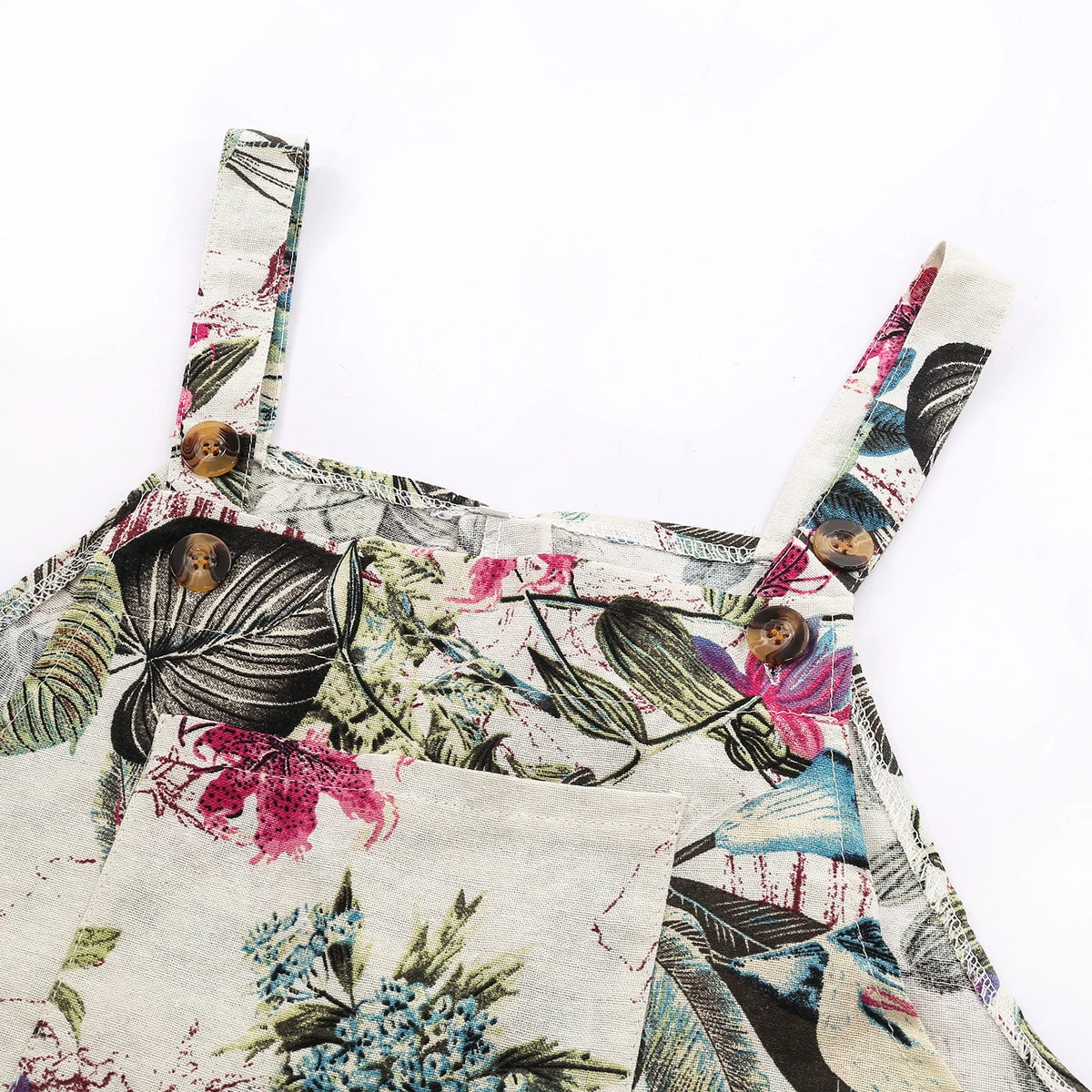 Combhasaki Women's S-3XL Cotton and Linen Jumpsuit Leaf Floral Print Square Neck Sleeveless Casual Loose Overalls with Pockets