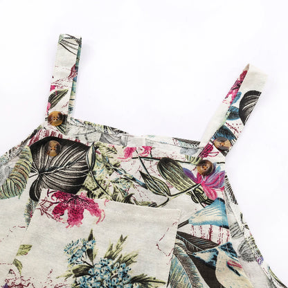Combhasaki Women's S-3XL Cotton and Linen Jumpsuit Leaf Floral Print Square Neck Sleeveless Casual Loose Overalls with Pockets