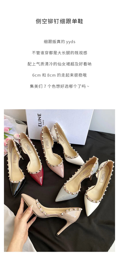 Luxury Brand Women's Shoes Woman Sandals Summer Rivets High Heels Side Empty Female Leather Fashion Prom Ladies Shoes Women 2026