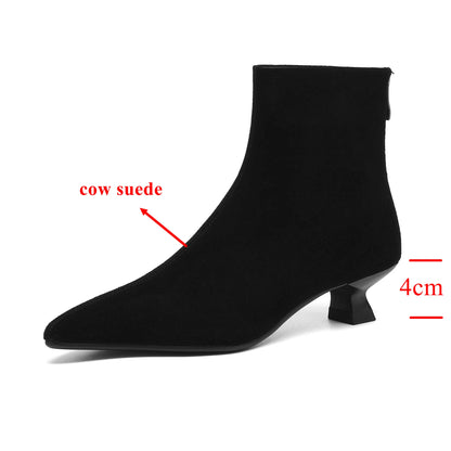 Plus Size 34-42 Genuine Leather Pointed Toe Med Heels Zipper Modern Boots Winter Autumn Shoes Concise Elegant Dress Ankle Boots