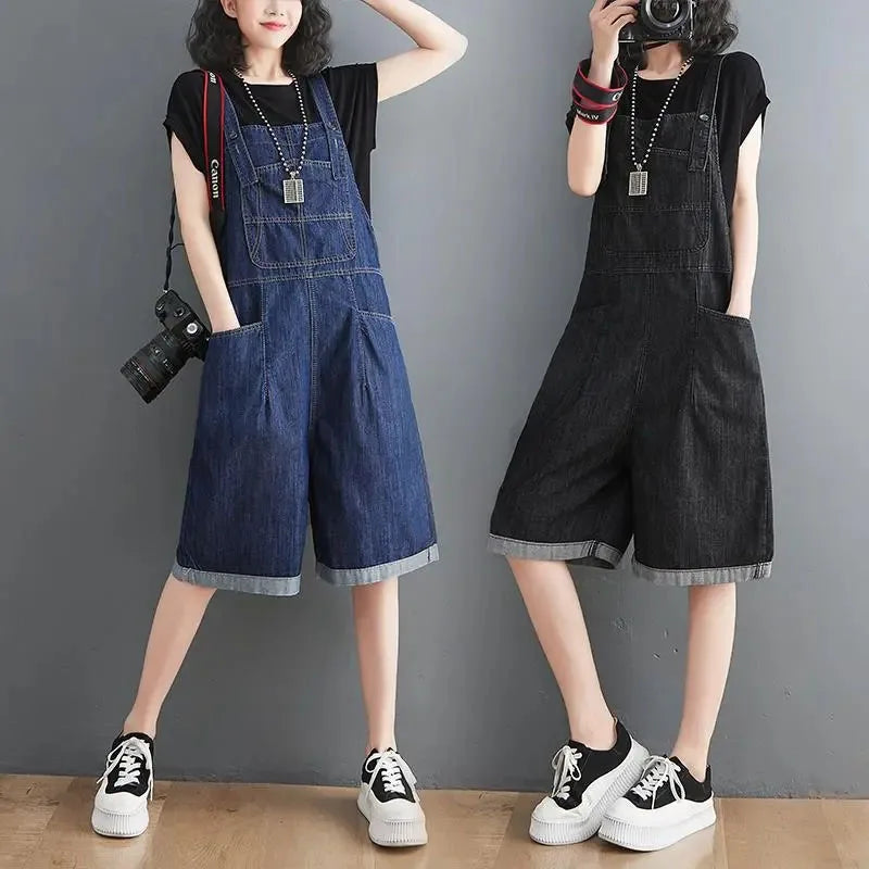 Summer Denim Straps Shorts Jeans Overalls Women Korean Wide Leg Jumpsuits Female Suspender Rompers Casual Conjoined Fifth Pants