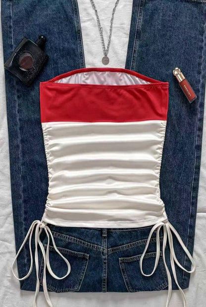 Women's casual retro drawstring front cut vest, suitable for Y2K and guitar prints in spring and summer