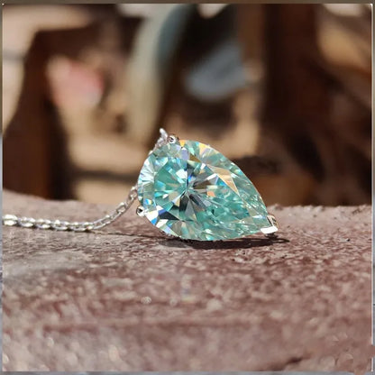 100% MOISSANITE S925 silvery necklace for Women, pear shape cyan blue Moissanite Pendant Necklace 1CT/2CT/3CT