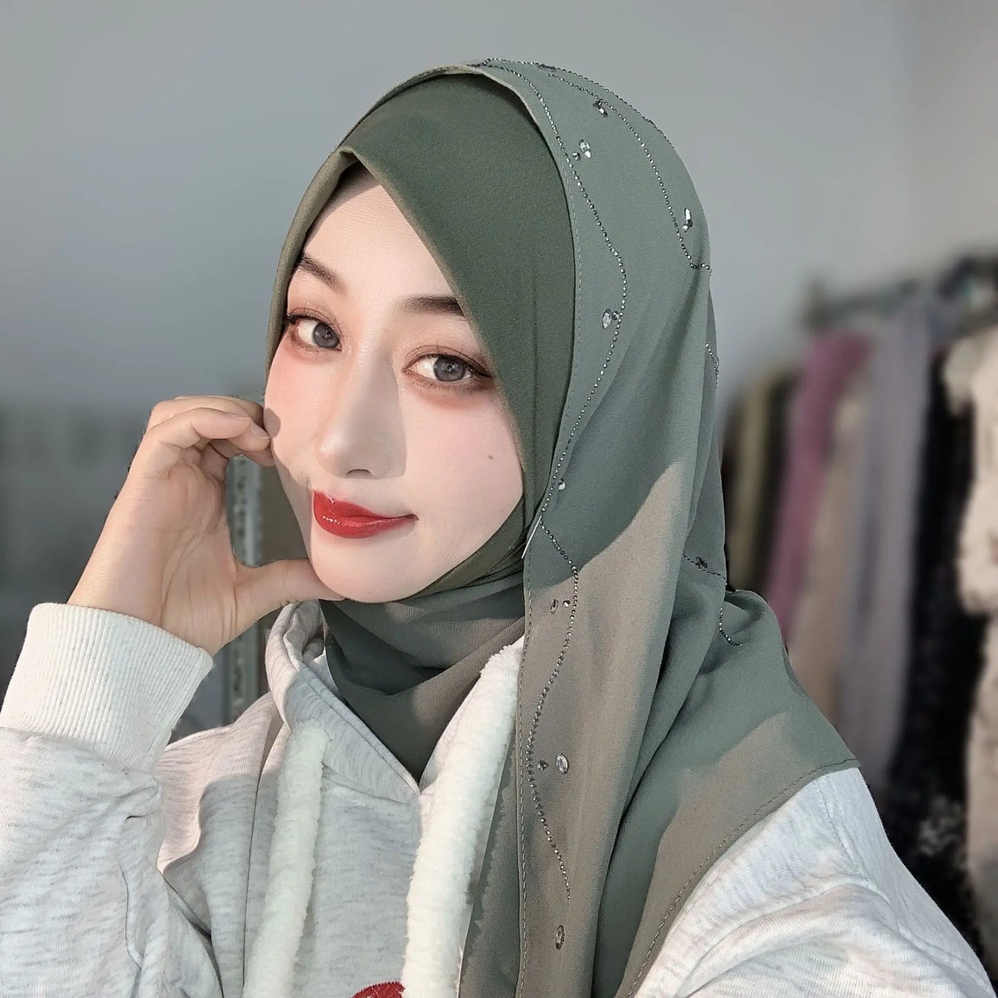 Malay Solid Chiffon Turban Head Scarf for Women, Irregular Rhinestone Hotfix Wrapped L-Edge Pull-On Scarf,Soft Muslim Hijab Wrap