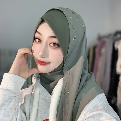 Malay Solid Chiffon Turban Head Scarf for Women, Irregular Rhinestone Hotfix Wrapped L-Edge Pull-On Scarf,Soft Muslim Hijab Wrap