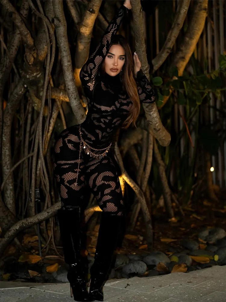 Weird Puss Irregular Hollow Jumpsuit Women Full Sleeve Button Sexy See Through Stylish Stretch Skinny Midnight Activity Overall