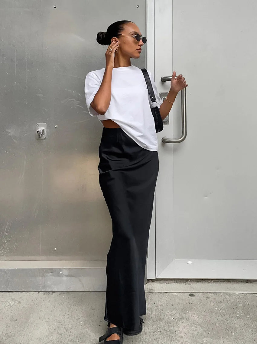 Elegant Satin Black Trumpet Skirts Fashion Slim High Waist Skirts Women Female Solid Office Long Skirt Spring Summer