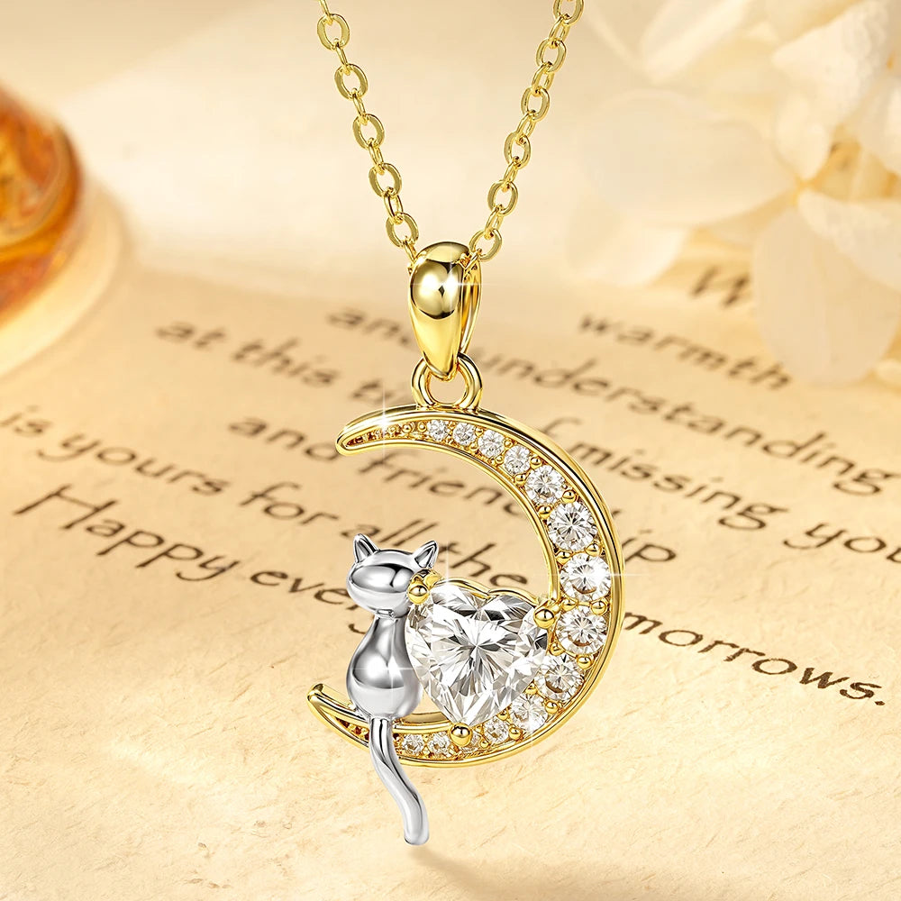 Celestinova GRA Certified 1.2ct Moissanite Moon Cat Pendant Necklace 14K Gold Plated Heart Cut Fine Jewelry Gift for Women
