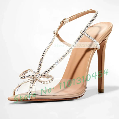 Crystal Bow Slingback Sandals Women Sweet Luxury See-through Pvc High Heels Shoes Summer Peep Toe Elegant Party Clear Pumps