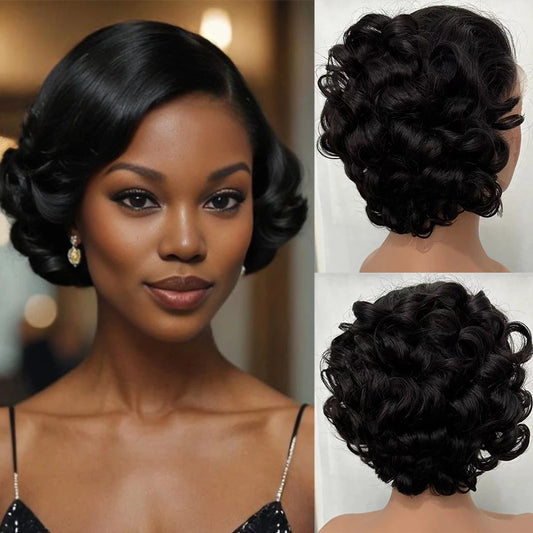 100% Human Hair Glueless Wigs 8" Short Loose Curly Glueless Pixie Cut 180% Density Brazilian Virgin Hair 13x4 Lace Frontal Wigs