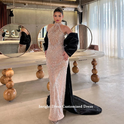 Inright Customized Sparkling Crystal-Embellished Halter-Neck Sheath Evening Dresses Burgundy Cape Train and Bow Back Train